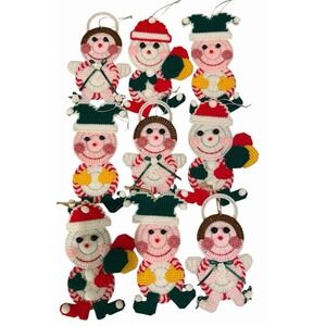 Lot Of 9 Handcrafted Needlepoint Plastic Canvas Christmas Ornaments 3D Santa Elf